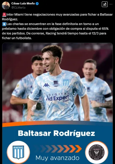 Baltasar Rodríguez, muy cerca del Inter Miami (X @CLMerlo).