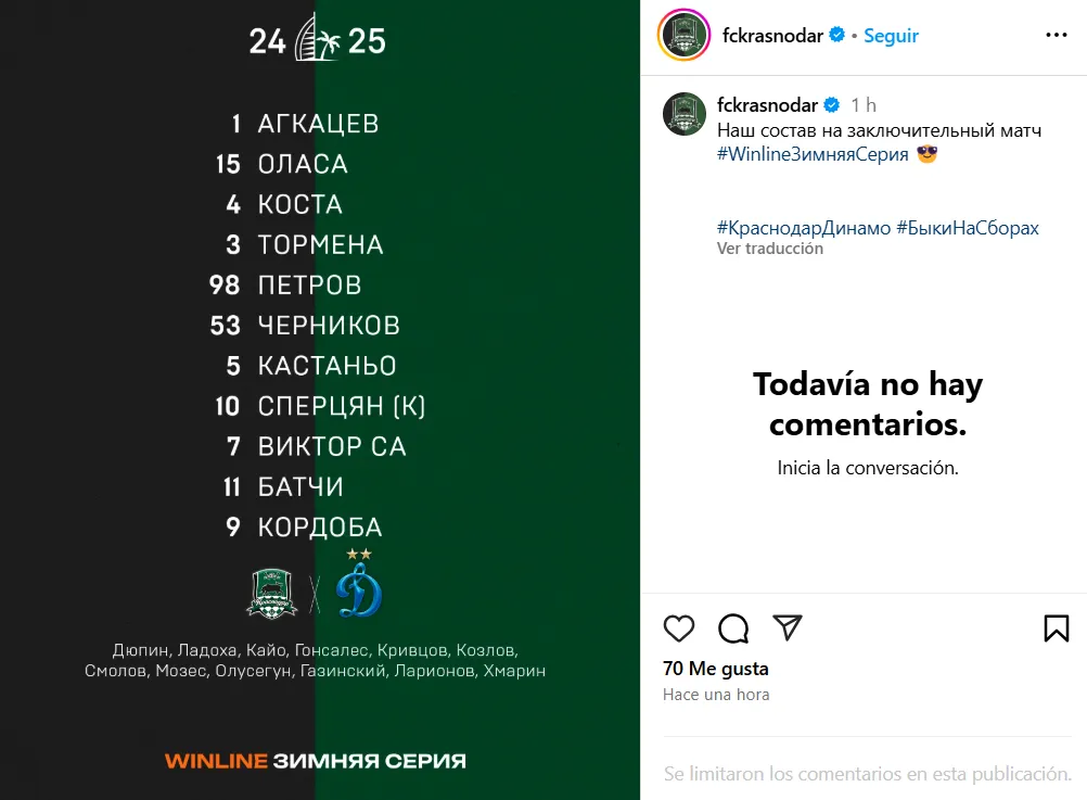 Castaño, el número 5 de Krasnodar ante Dínamo de Moscú.