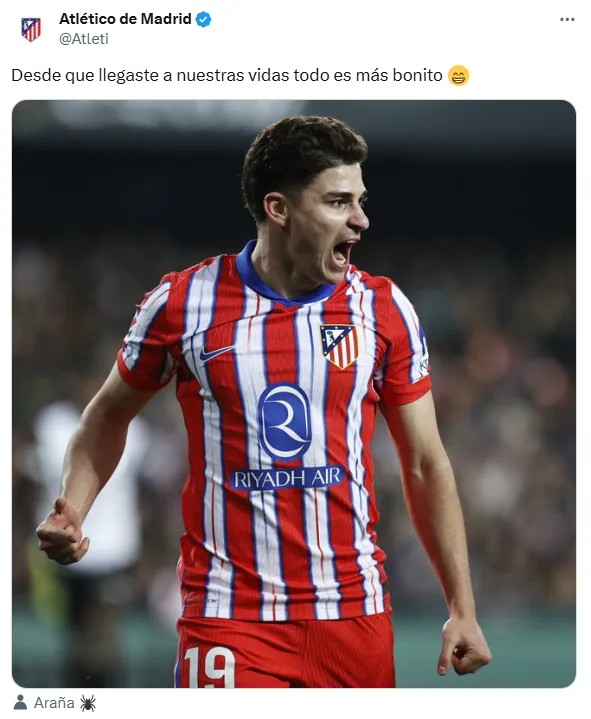La publicación del Atlético de Madrid sobre Julián Álvarez.