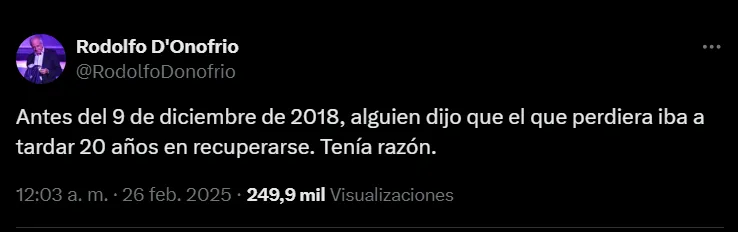 El posteo de Rodolfo D’Onofrio.