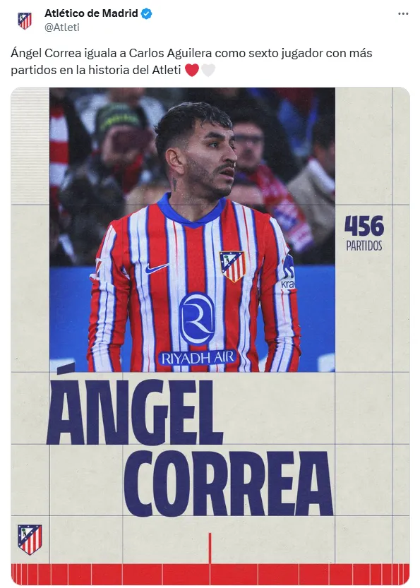 Ángel Correa llegó a los 456 partidos en el Atlético de Madrid.