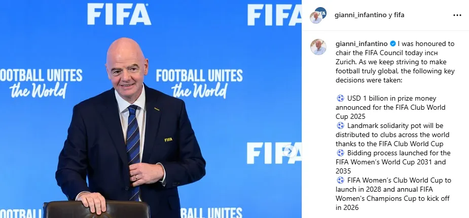 El propio Infantino confirmó los 1.000 millones de dólares de premios para el Mundial de Clubes 2025 (Instagram @gianni_infantino).