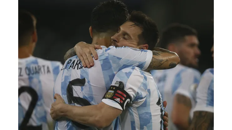 RIO DE JANEIRO, BRAZIL - JUNE 14: Lionel Messi (R) of Argentina celebrates with teammate Leandro Paredes after scoring the first goal of his team during a Group A match between Argentina and Chile at Estadio Olímpico Nilton Santos as part of Copa America Brazil 2021 on June 14, 2021 in Rio de Janeiro, Brazil. (Photo by Wagner Meier/Getty Images)