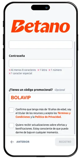 Captura de registro Betano en un celular con el código BOLAVIP