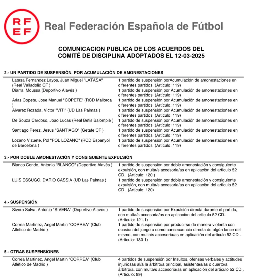 El comunicado de la RFEF.