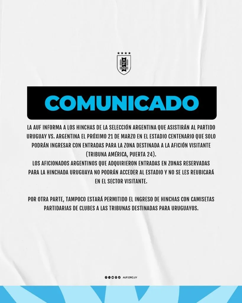 El comunicado con el que Uruguay prohíbe el ingreso de camisetas de clubes.