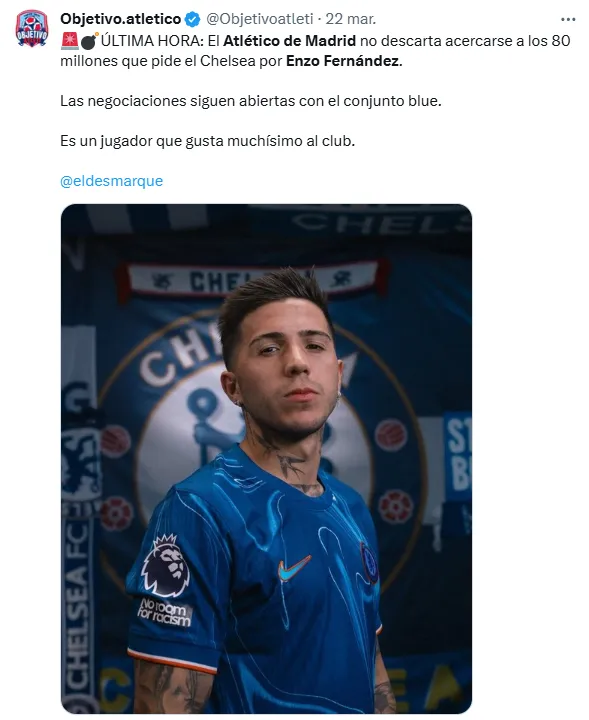 Las cuentas de información del Atlético de Madrid siguen la posibilidad del fichaje de Enzo Fernández.