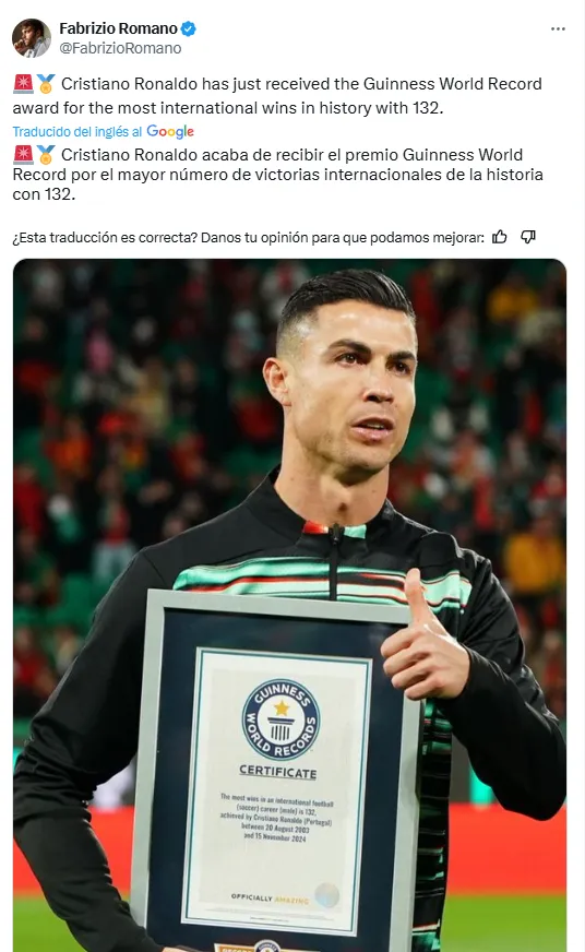 Fabrizio Romano difundió el récord internacional de CR7.