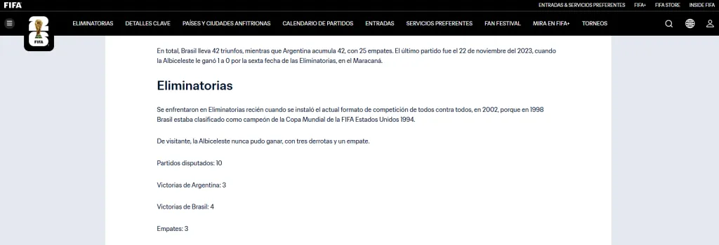 El historial publicado por la FIFA en su sitio web oficial.