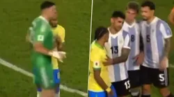 Dibu Martínez fue a buscar a Raphinha al término del primer tiempo del Argentina vs. Brasil en el Estadio Monumental.
