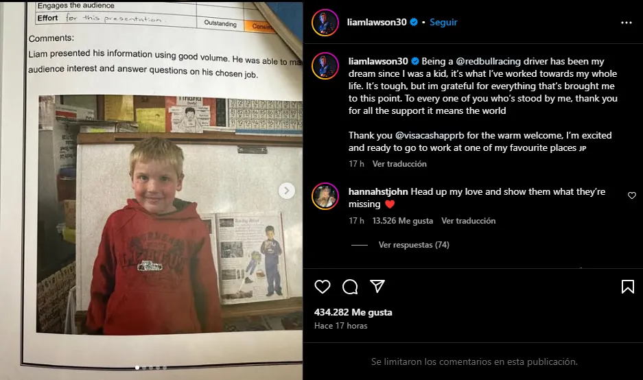 Liam Lawson dejó sus sensaciones claras en Instagram.