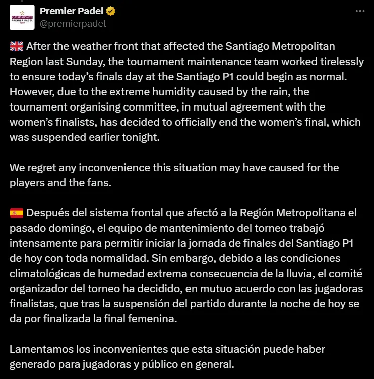 El posteo de Premier Pádel.