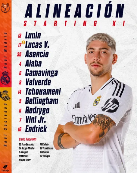 La formación de Real Madrid vs. Real Sociedad.