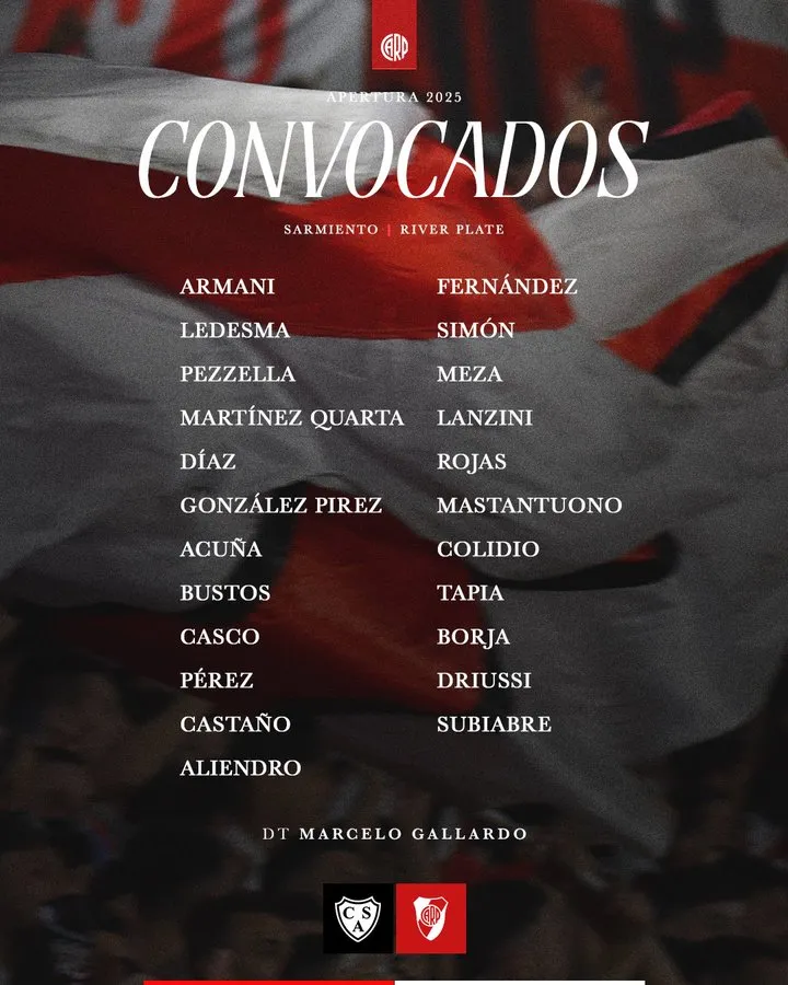 Los convocados de River para visitar a Sarmiento. (Foto: Prensa River)