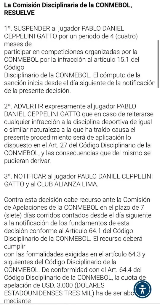 El boletín de Conmebol anunciado la sanción a Pablo Ceppeli.
