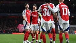 LONDON, ENGLAND - MARCH 12: Declan Rice of Arsenal celebrates scoring his team's second goal with teammate Jorginho and teammates during the UEFA Champions League 2024/25 Round of 16 Second Leg match between Arsenal FC and PSV at Arsenal Stadium on March 12, 2025 in London, England. (Photo by Justin Setterfield/Getty Images)