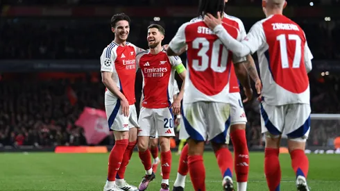 LONDON, ENGLAND - MARCH 12: Declan Rice of Arsenal celebrates scoring his team's second goal with teammate Jorginho and teammates during the UEFA Champions League 2024/25 Round of 16 Second Leg match between Arsenal FC and PSV at Arsenal Stadium on March 12, 2025 in London, England. (Photo by Justin Setterfield/Getty Images)