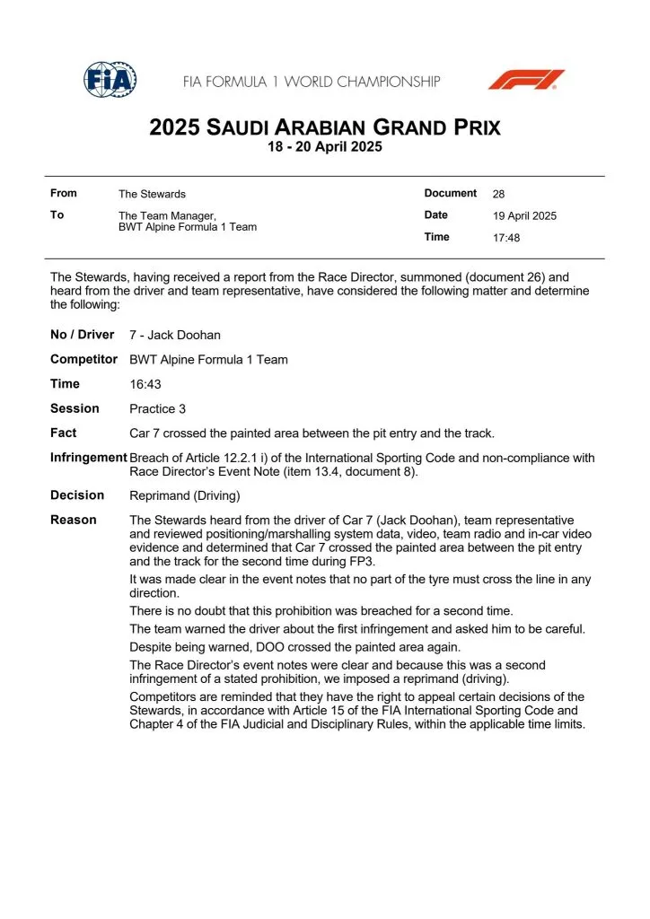 Jack Doohan recibió una reprimenda por parte de los comisarios.