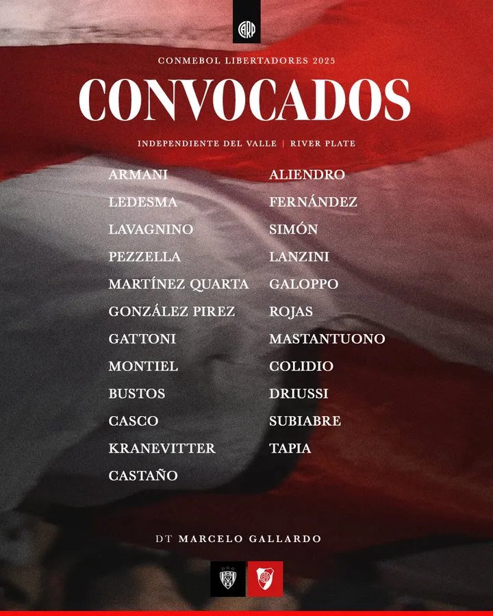 La lista del Millonario para viajar a Ecuador. (Foto: @RiverPlate).