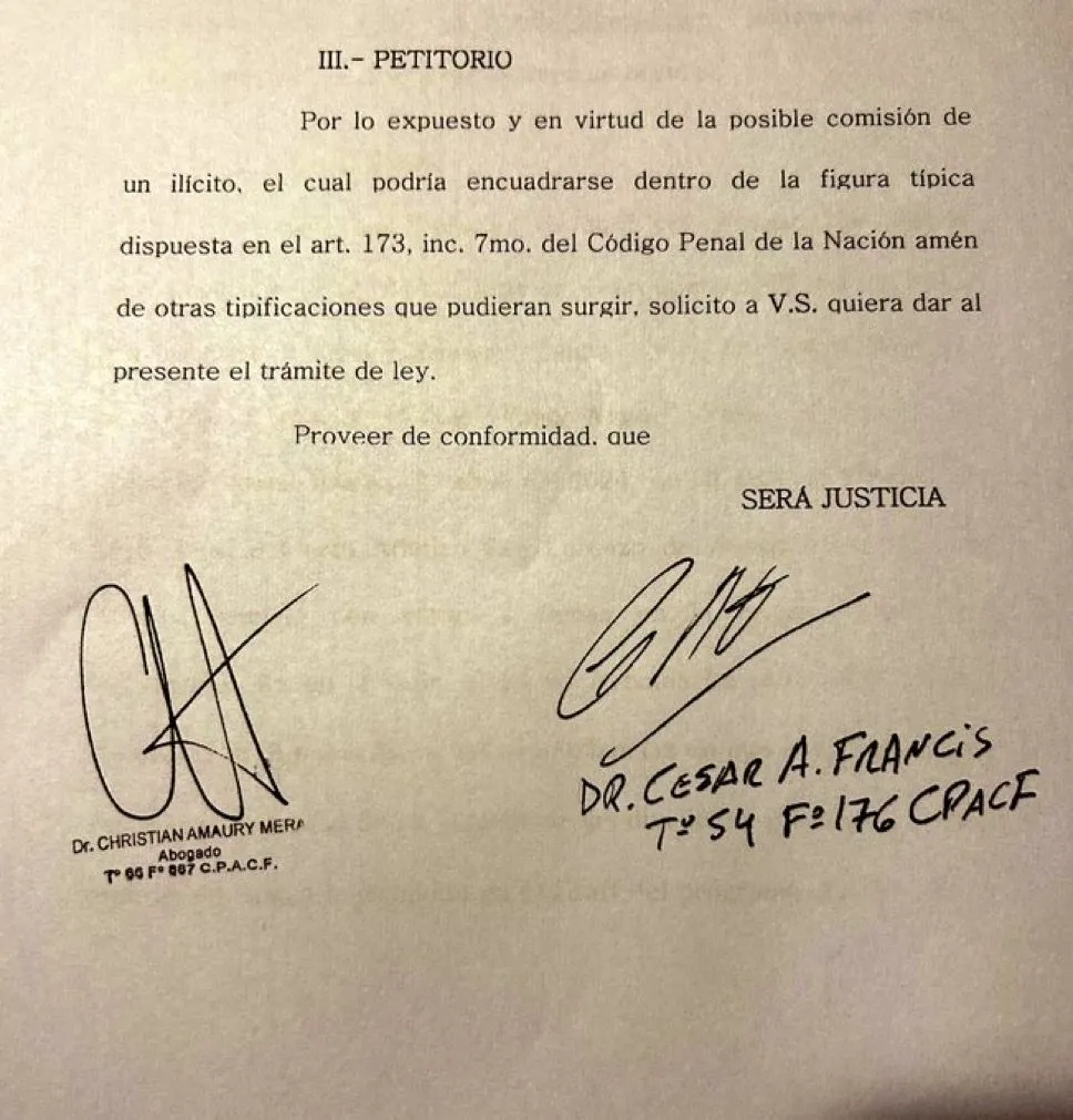 Parte de la denuncia penal que le hicieron a Marcelo Moretti.