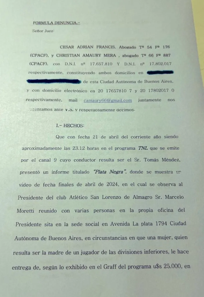 Parte de la denuncia penal que le hicieron a Marcelo Moretti.