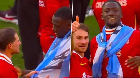 Alexis Mac Allister le ató la bandera argentina al francés Ibrahima Konaté durante la celebración del Liverpool por el título de la Premier League.