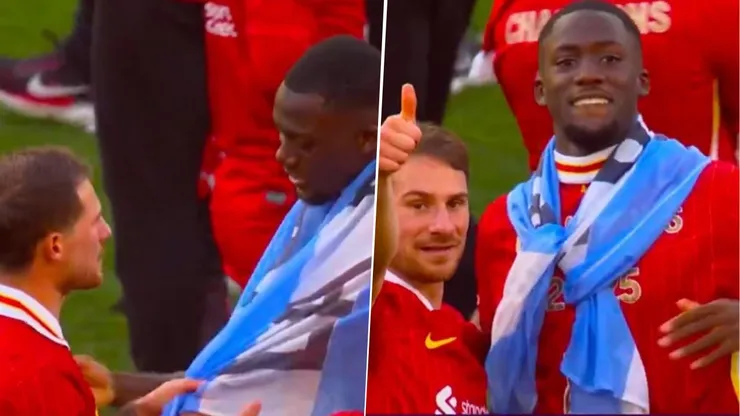 Alexis Mac Allister le ató la bandera argentina al francés Ibrahima Konaté durante la celebración del Liverpool por el título de la Premier League.