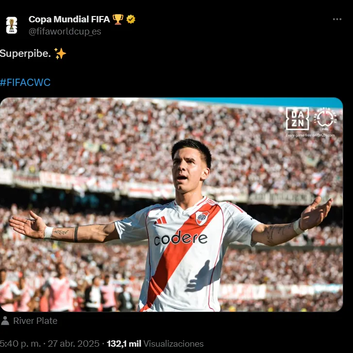 El posteo de FIFA por el gol de Mastantuono.