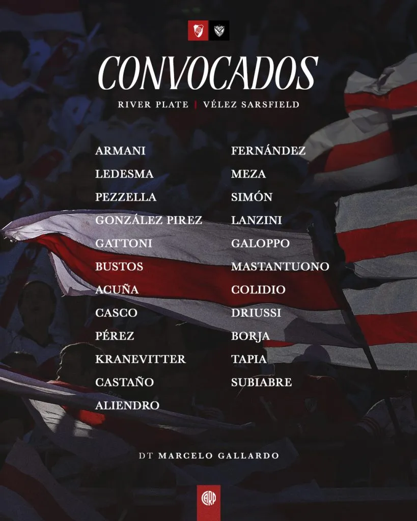 Los convocados por Gallardo para jugar con Vélez. (Foto: @RiverPlate).
