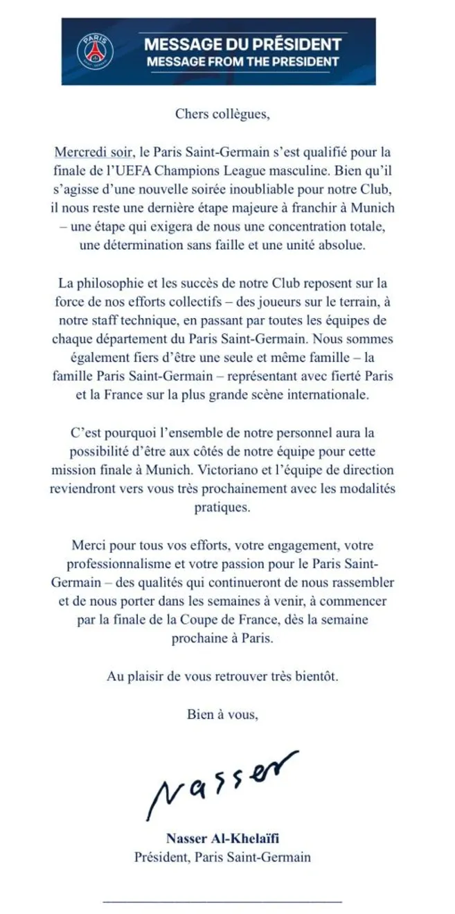 El mensaje que envió Al-Khelaifi a los trabajadores del PSG.