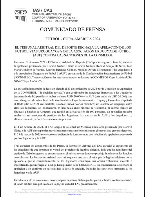 El comunicado oficial del TAS.