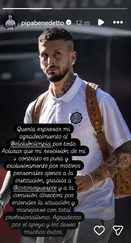 El posteo de Benedetto tras su salida de Olimpia.