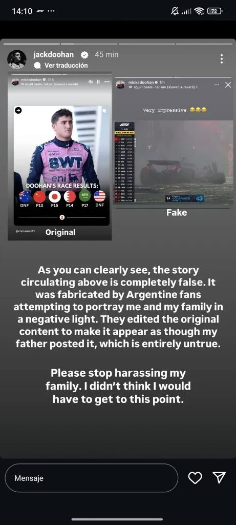 El posteo de Doohan apuntando contra los fanáticos argentinos.