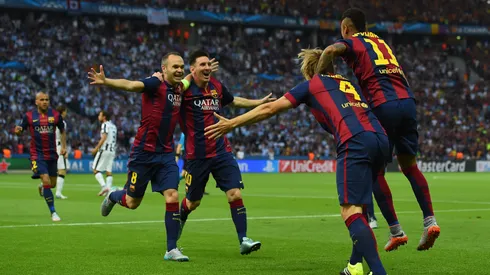 Lionel Messi, Andrés Iniesta, Neymar e Ivan Rakitic en el Barcelona en 2015. (Getty)