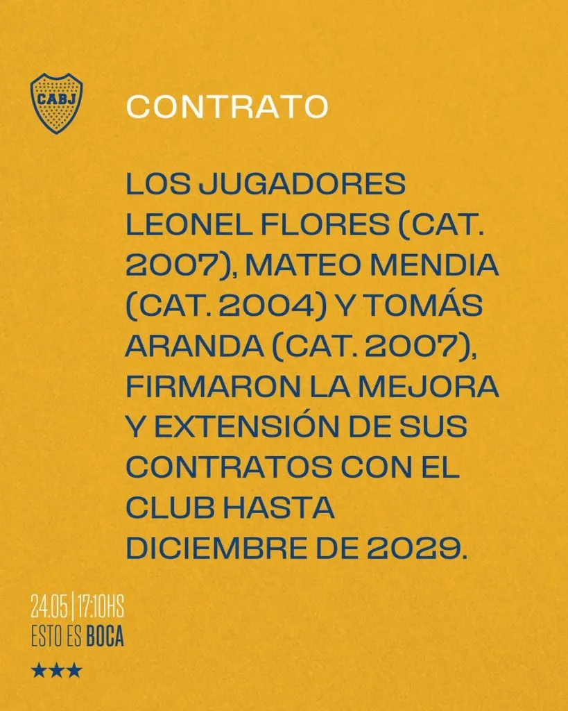 Boca anunció la renovación de los contratos de tres juveniles. (Foto: Twitter @estoesboca_ok)