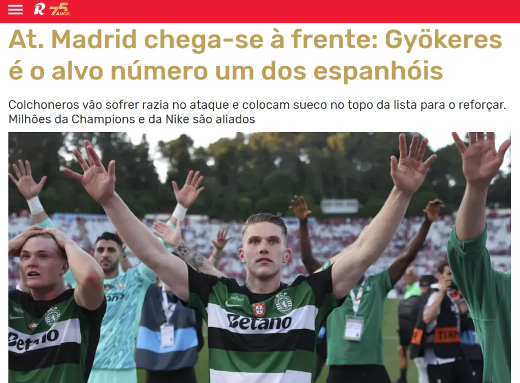 La publicación del diario Record de Portugal sobre la posible llegada de Viktor Gyokeres al Atlético de Madrid.