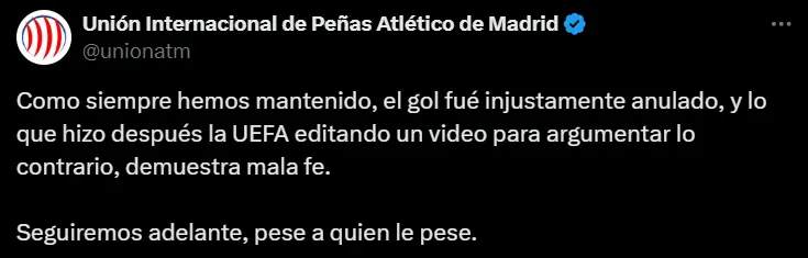Posteo de la Unión Internacional de Peñas del Atlético de Madrid.