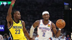 Shai Gilgeous-Alexander de Oklahoma City Thunder y Aaron Nesmith de Indiana Pacers disputando la final de la NBA 2025. (Getty Images)