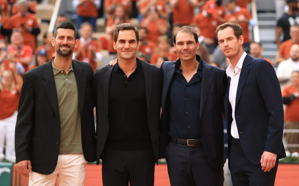 Djokovic, Federer, Nadal y Murray en el homenaje de Roland Garros al español tras su retiro. (Foto: Getty).