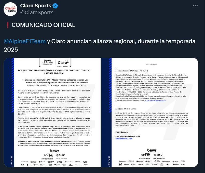 El comunicado oficial de Claro Sports.