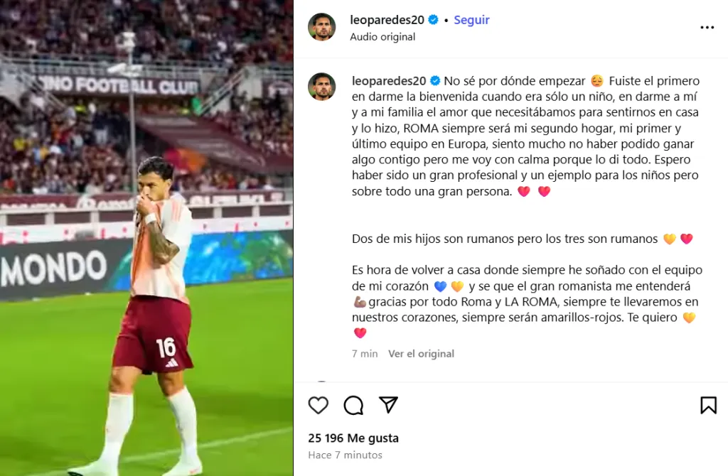 El posteo que realizó Leandro Paredes en su cuenta personal de Instagram.