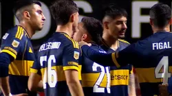 Alan Velasco increpó a Rodrigo Battaglia al término del primer tiempo entre Argentinos Juniors y Boca. (Captura ESPN)