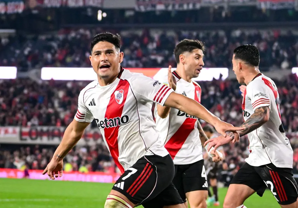 Maximiliano Salas, delantero de River Plate, tras convertir su primer gol en el club. (Getty Images)
