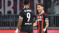 Gonzalo Montiel y Miguel Borja durante la victoria de River ante San Martín de Tucumán por Copa Argentina. Foto: TyC Sports