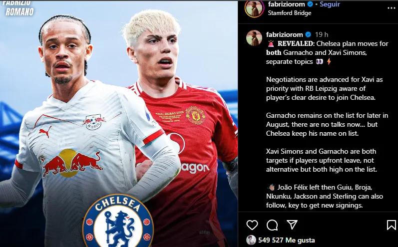 Garnacho le dio ‘Like’ a la publicación de Fabrizio Romano sobre su cercanía con Chelsea.