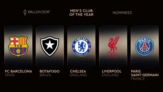 La publicación con la que France Football anunció a los candidatos para ganar la categoría Mejor Club Masculino.