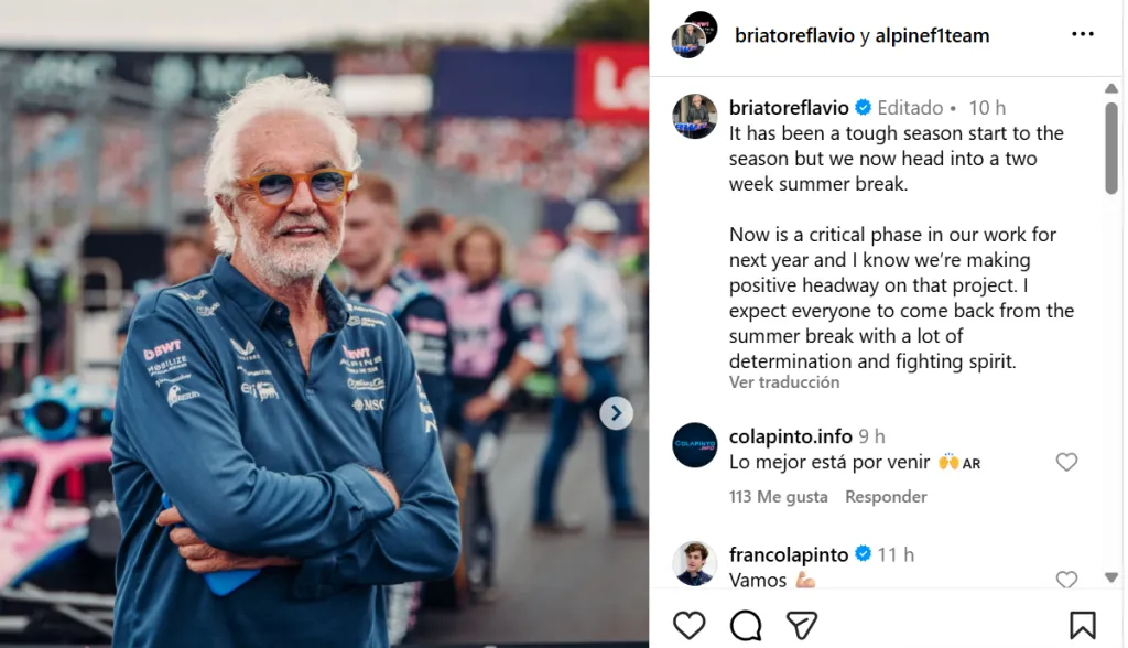 La respuesta de Colapinto al posteo de Briatore en sus redes sociales.