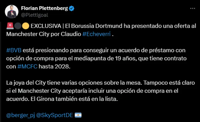 Florian Plettenberg asegura que el Dortmund ya hizo una oferta por Echeverri.