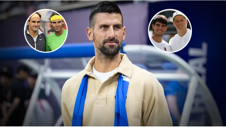 Novak Djokovic, tenista serbio y máximo ganador de Grand Slams, Rafael Nadal, Roger Federer, Carlos Alcaraz y Jannik Sinner. (Fotos: Getty)