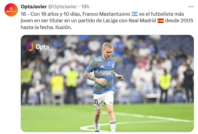 Franco Mastantuono debutó como titular en el Real Madrid con 18 años y 10 días.